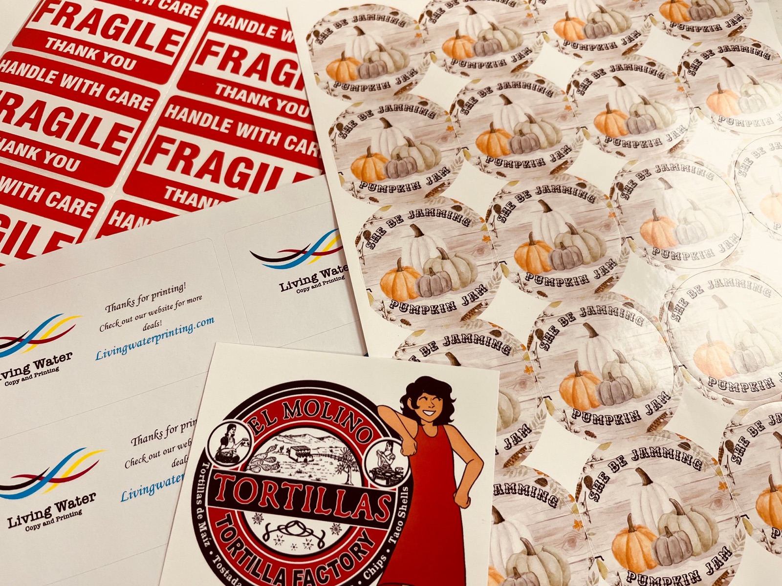 Stickers, labels and print samples made at Living Water